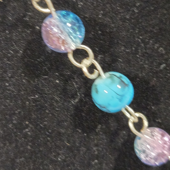 Silver Chain Necklace with Blue and Green Beads - Picture 3 of 7